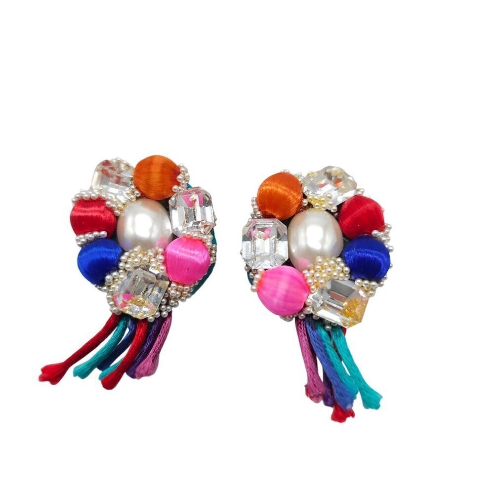 Vintage 1980s Multicolor Statement Earrings Beads Rhinestones Pearls Tassels